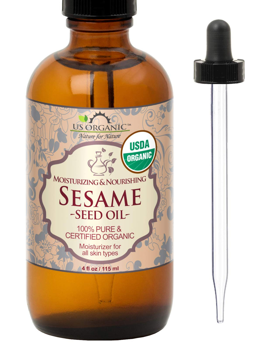 US Organic Sesame Seed Oil – USDA Organic, Untoasted, Unrefined Virgin, Cold-Pressed (4 oz) Amber Bottle with Dropper