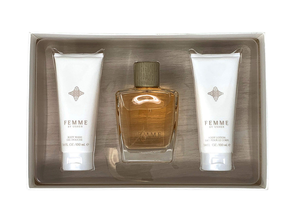 Usher Femme Gift Set for Women – Eau de Parfum Spray 3.4 oz + Body Lotion + Shower Gel | Usher