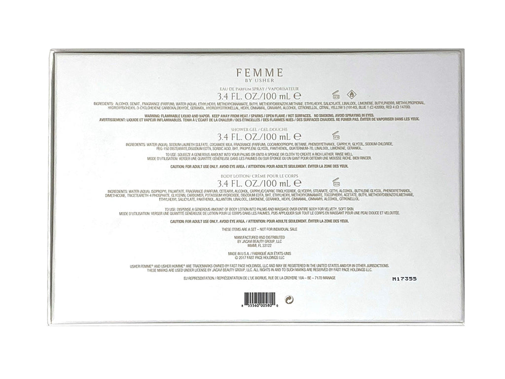 Usher Femme Gift Set for Women – Eau de Parfum Spray 3.4 oz + Body Lotion + Shower Gel | Usher
