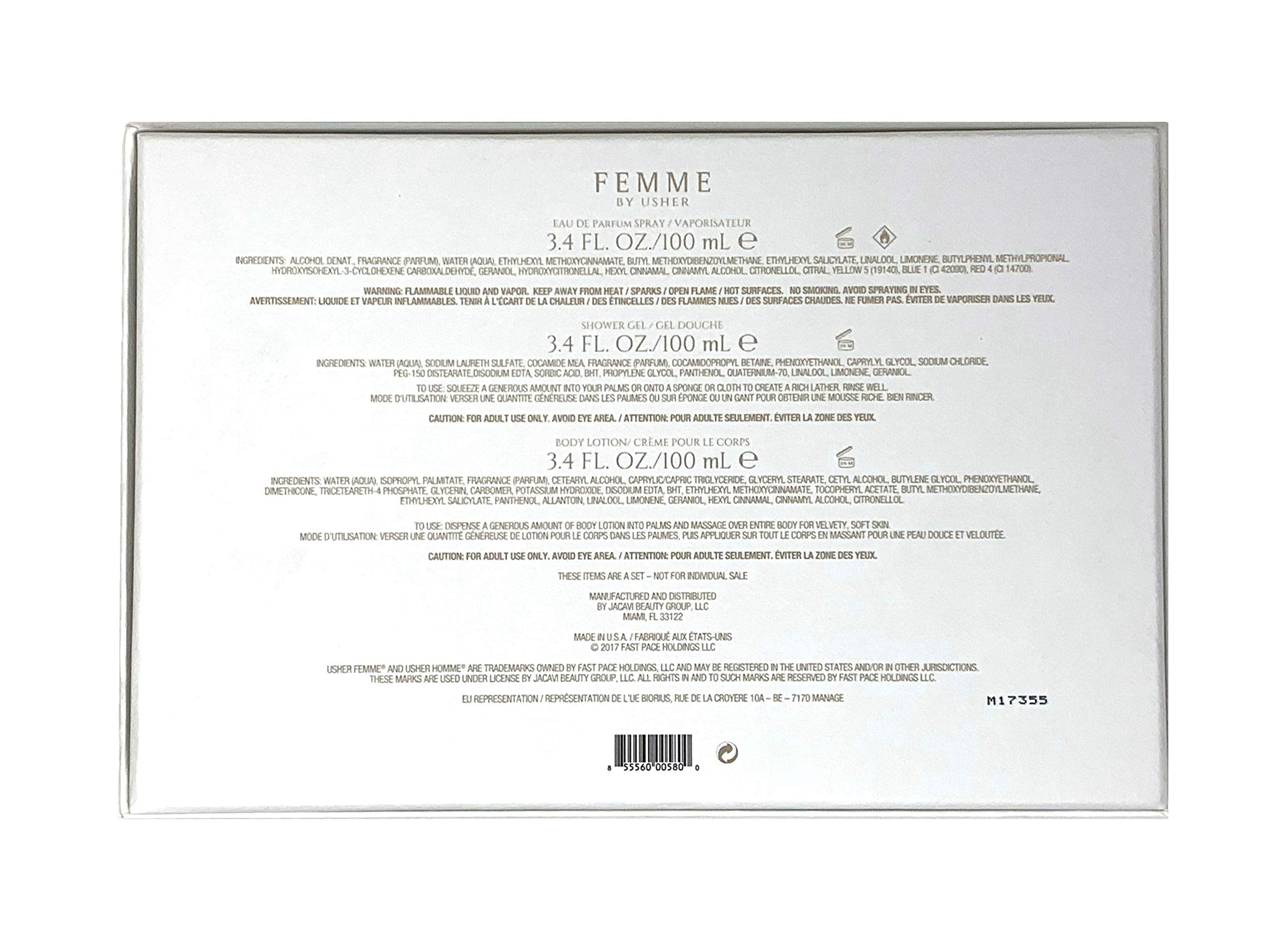 Usher Femme Gift Set for Women – Eau de Parfum Spray 3.4 oz + Body Lotion + Shower Gel | Usher