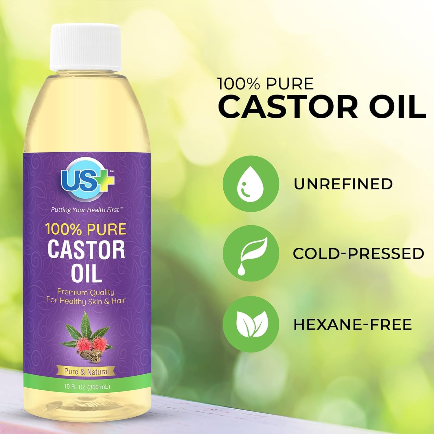 US+ Castor Oil 10oz – 100% Pure, Cold-Pressed, Hexane-Free, USP Grade