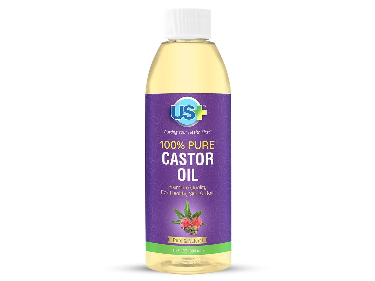US+ Castor Oil 10oz – 100% Pure, Cold-Pressed, Hexane-Free, USP Grade