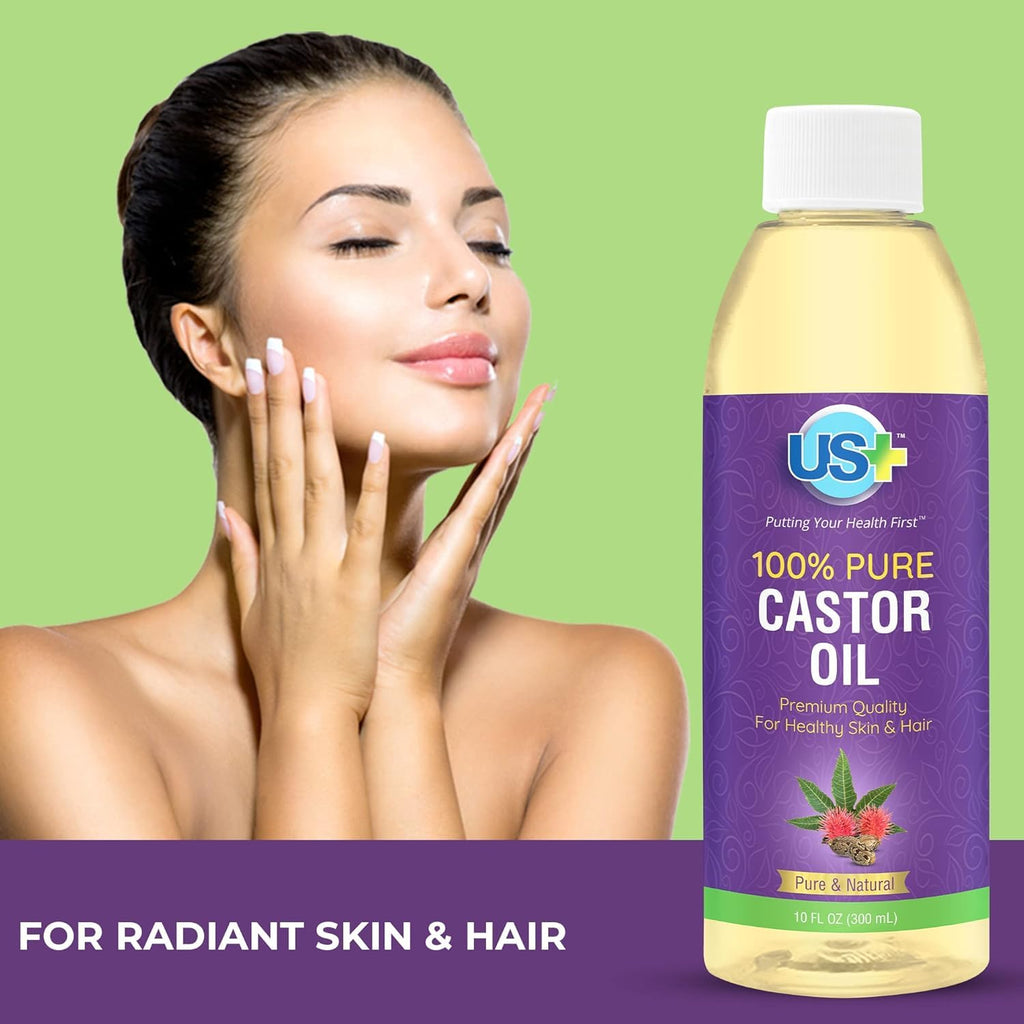 US+ Castor Oil 10oz – 100% Pure, Cold-Pressed, Hexane-Free, USP Grade