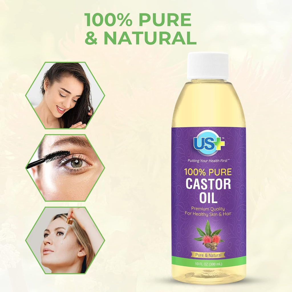 US+ Castor Oil 10oz – 100% Pure, Cold-Pressed, Hexane-Free, USP Grade