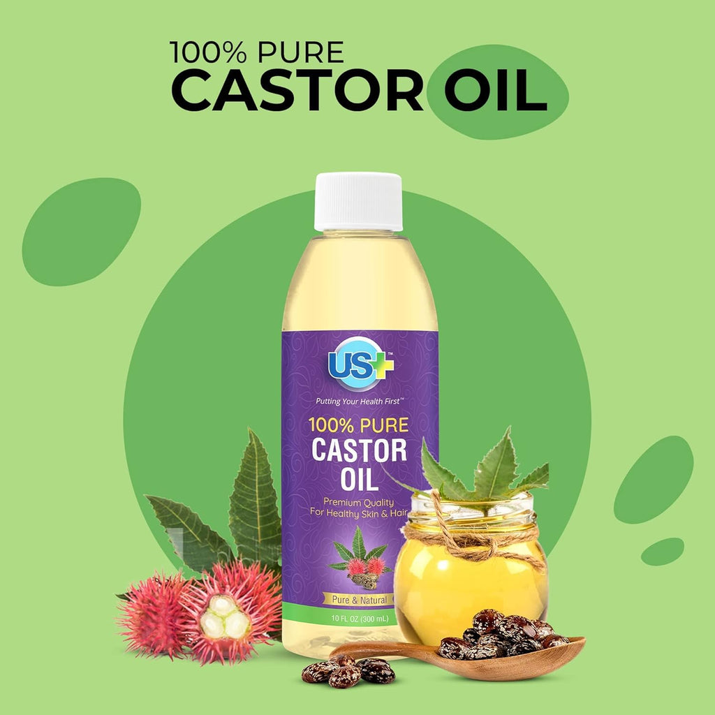 US+ Castor Oil 10oz – 100% Pure, Cold-Pressed, Hexane-Free, USP Grade