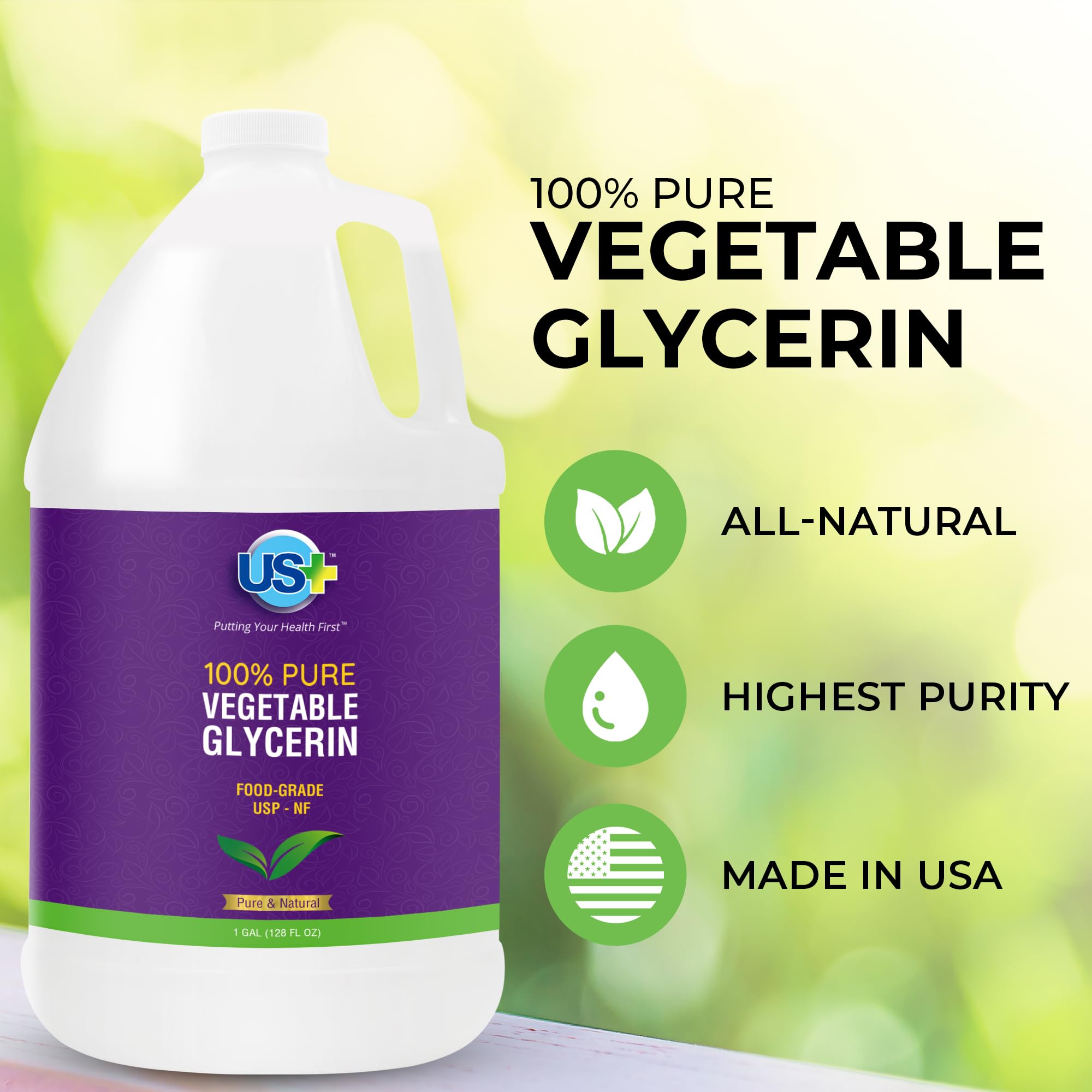 US+ 100% Pure Vegetable Glycerin – USP Food & Pharmaceutical Grade – Premium All-Natural Moisturizer, Cleanser & DIY Cosmetic (1 Gallon)
