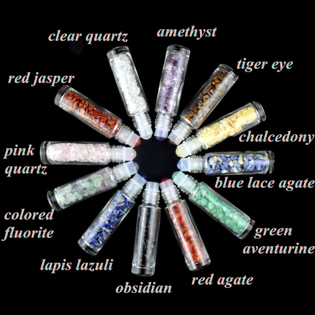USRommaner 5 Pack 10ml Clear Roll-On Bottles with Amethyst Chakra Stones | Glass Roller Bottle Set