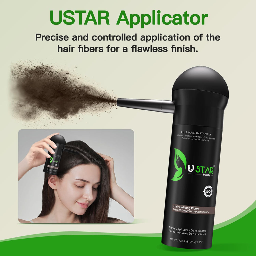 USTAR Hair Building Fibers 77.5g – 5-in-1 Set for Instantly Thicker, Fuller Hair (Medium Brown)
