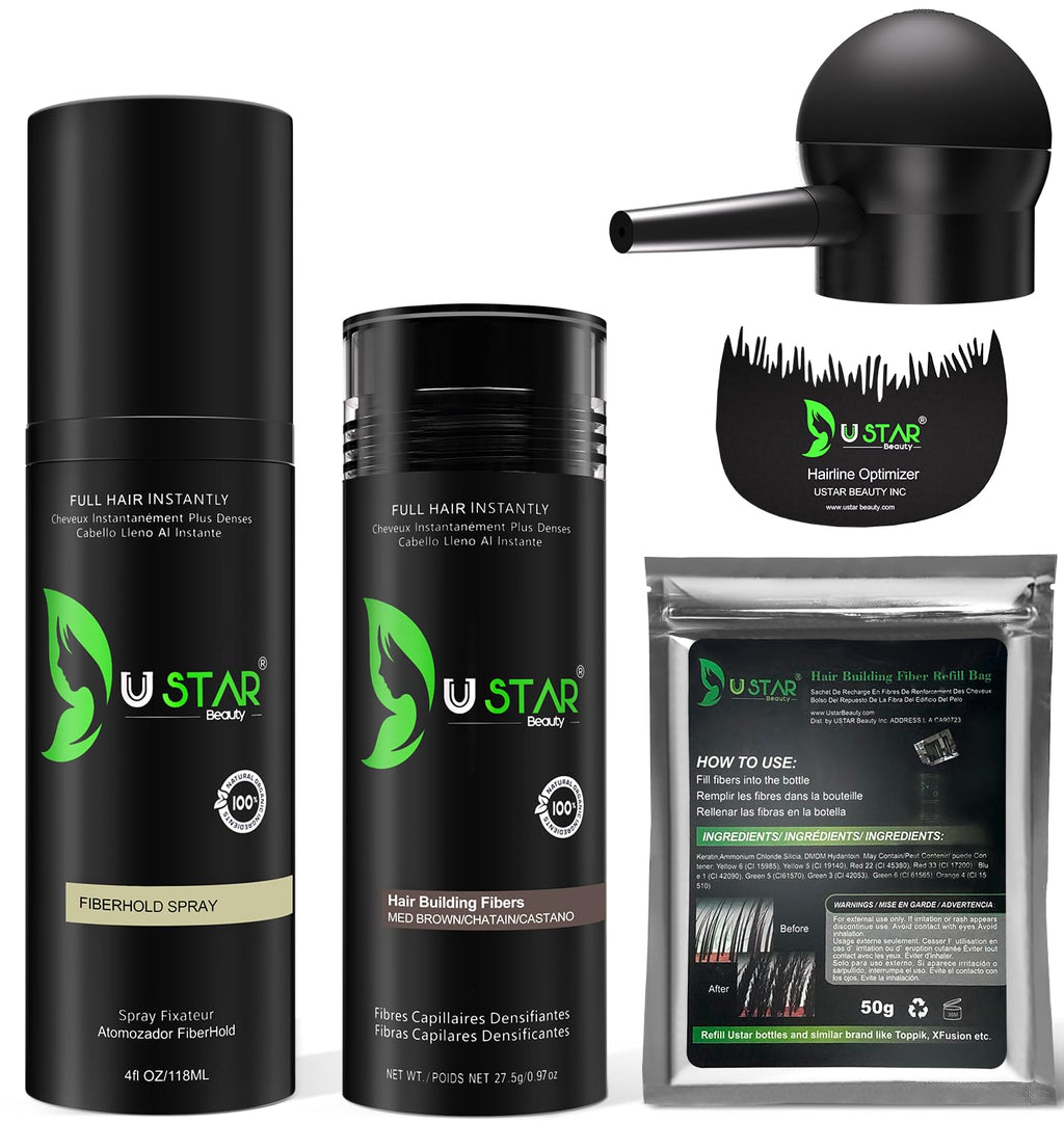 USTAR Hair Building Fibers 77.5g – 5-in-1 Set for Instantly Thicker, Fuller Hair (Medium Brown)