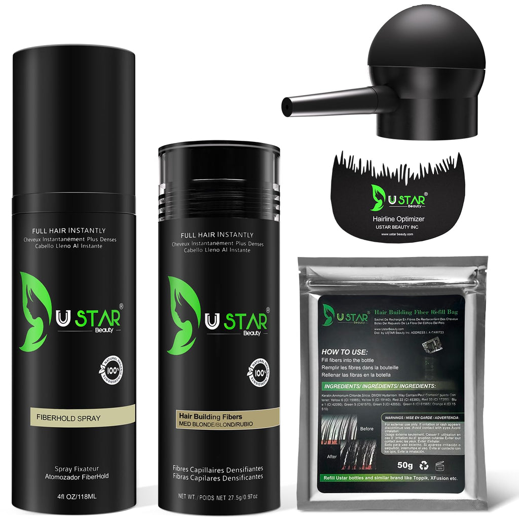 USTAR Hair Building Fibers 77.5g | 5-in-1 Hair Fibers Set for Thinning Hair - Medium Blonde