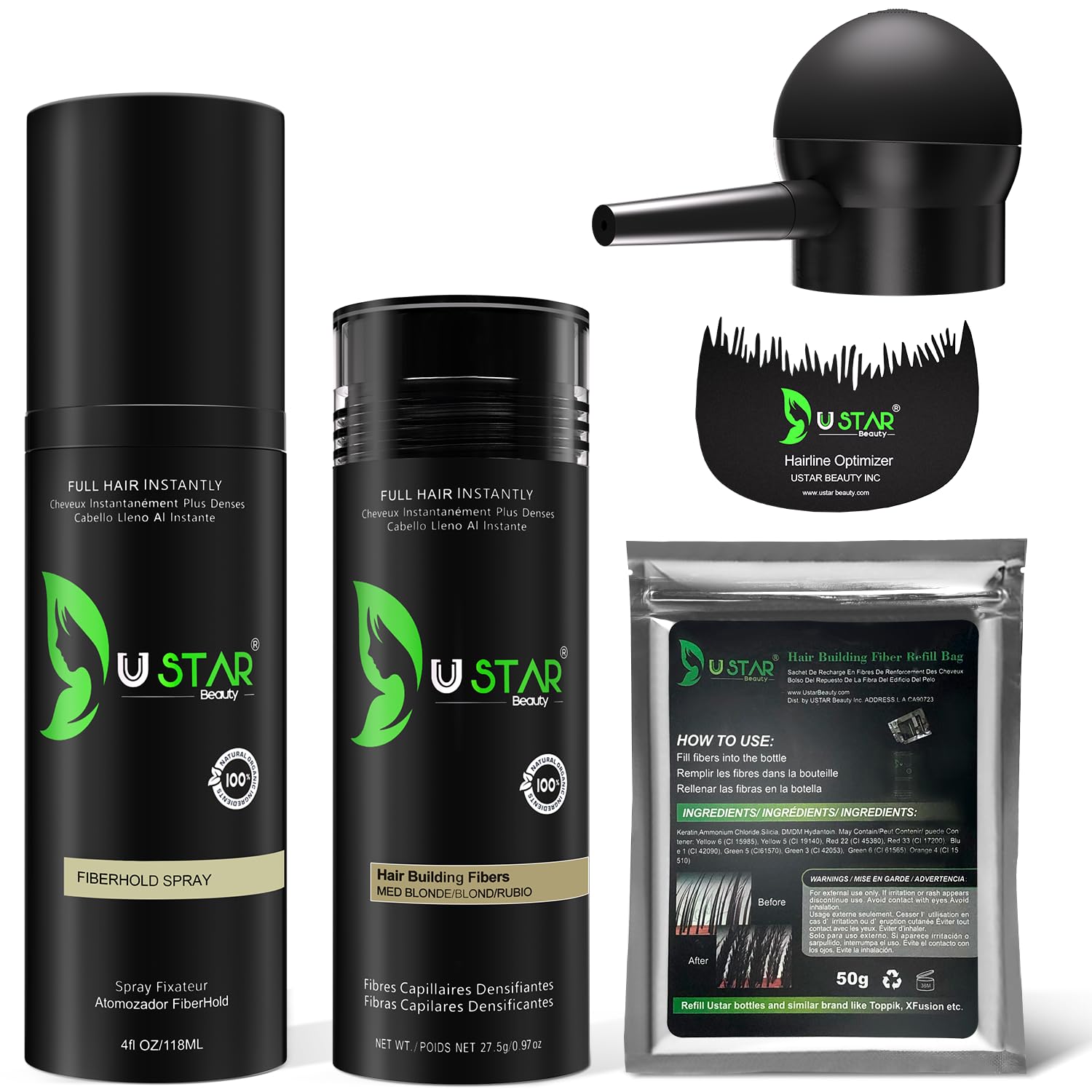 USTAR Hair Building Fibers 77.5g | 5-in-1 Hair Fibers Set for Thinning Hair - Medium Blonde