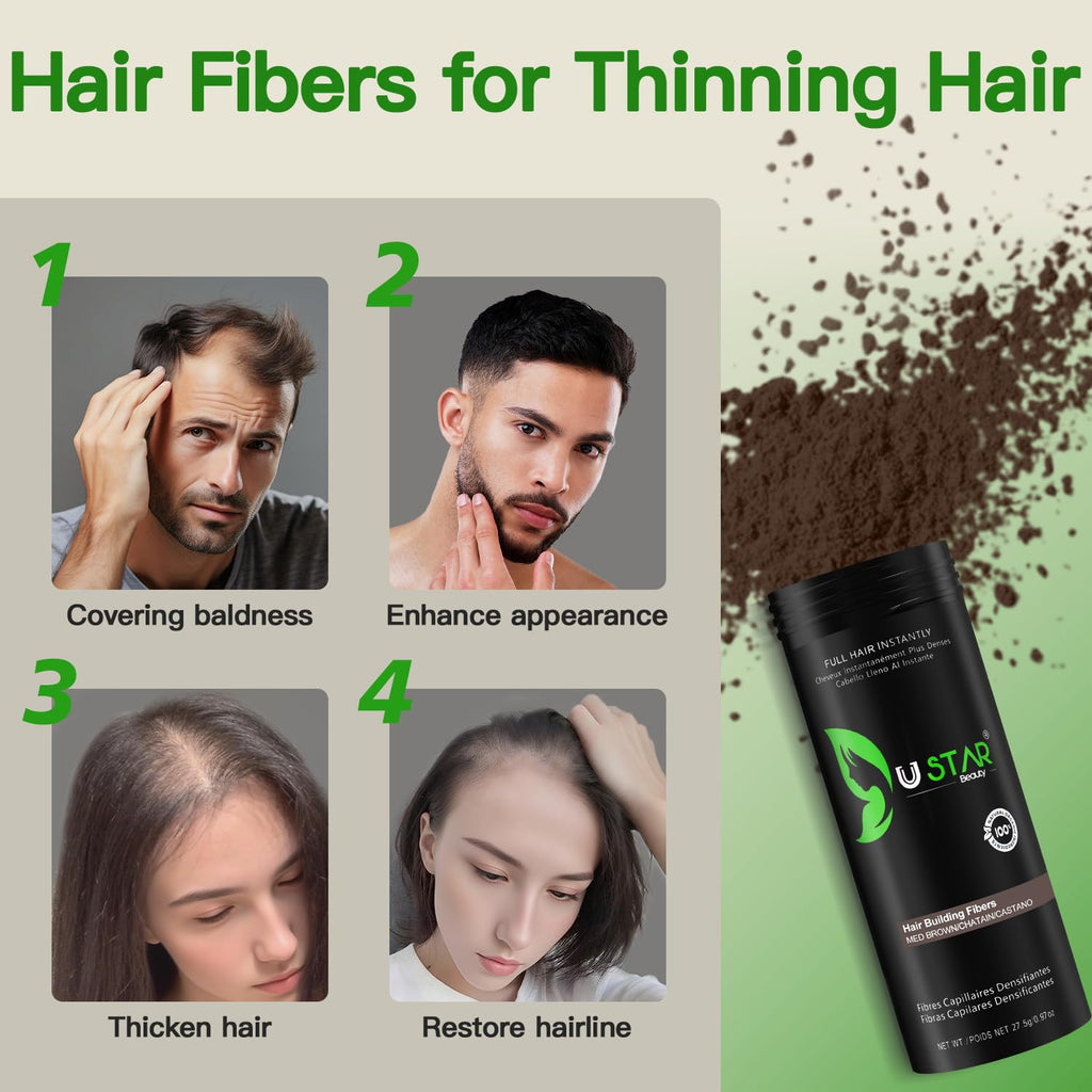USTAR Hair Building Fibers 77.5g – 5-in-1 Set for Instantly Thicker, Fuller Hair (Medium Brown)