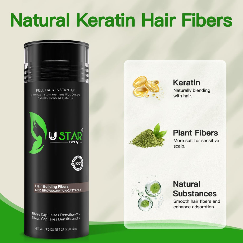 USTAR Hair Building Fibers 77.5g – 5-in-1 Set for Instantly Thicker, Fuller Hair (Medium Brown)