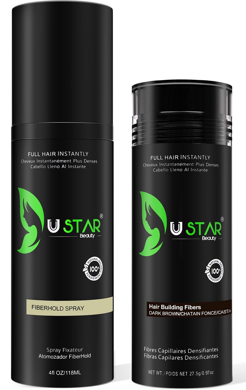 USTAR Hair Fibers 27.5g – Instant Fuller Look with Fiberhold Spray (Dark Brown)