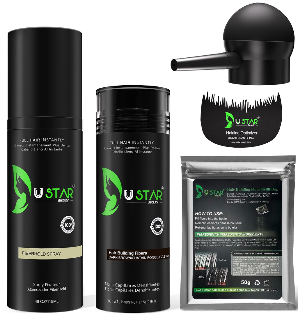 USTAR Hair Building Fibers 77.5g – 5-in-1 Kit with Holding Spray (Dark Brown)