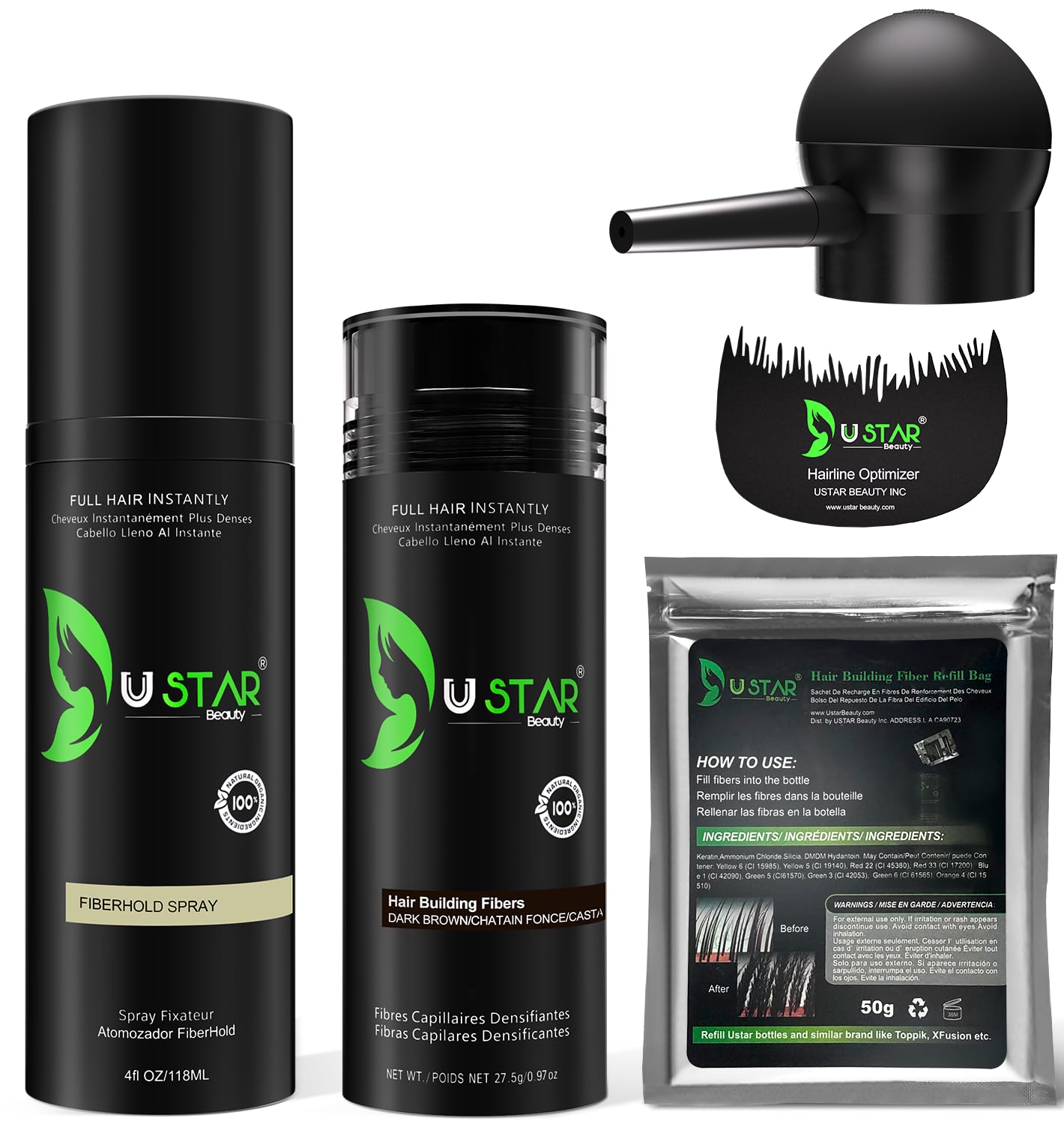 USTAR Hair Building Fibers 77.5g – 5-in-1 Kit with Holding Spray (Dark Brown)