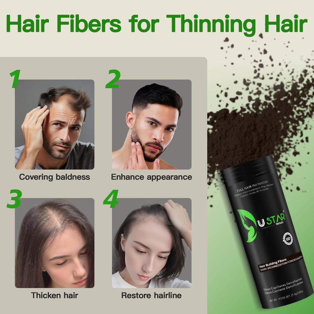USTAR Hair Building Fibers 77.5g – 5-in-1 Kit with Holding Spray (Dark Brown)