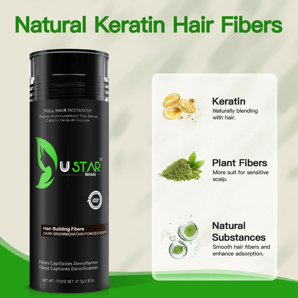 USTAR Hair Building Fibers 77.5g – 5-in-1 Kit with Holding Spray (Dark Brown)