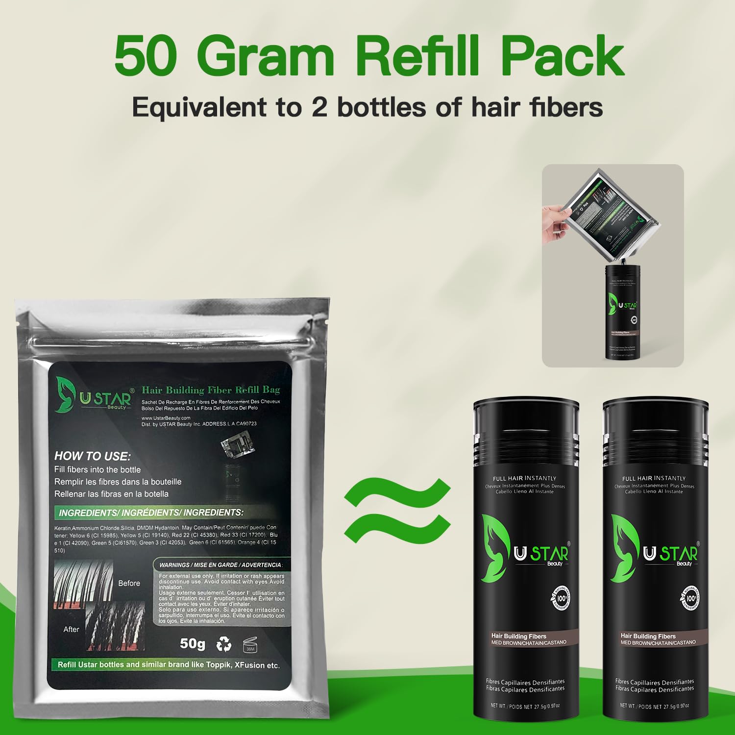 USTAR Hair Building Fibers 77.5g – 5-in-1 Set for Instantly Thicker, Fuller Hair (Medium Brown)
