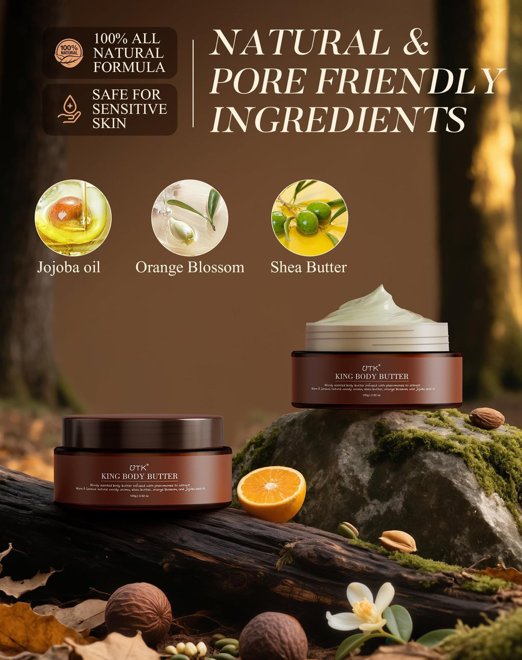 UTK King Body Butter for Men – Woody Fragrance & Orange Blossom, Organic Shea & Jojoba, All-Day Hydration (3.5 oz)