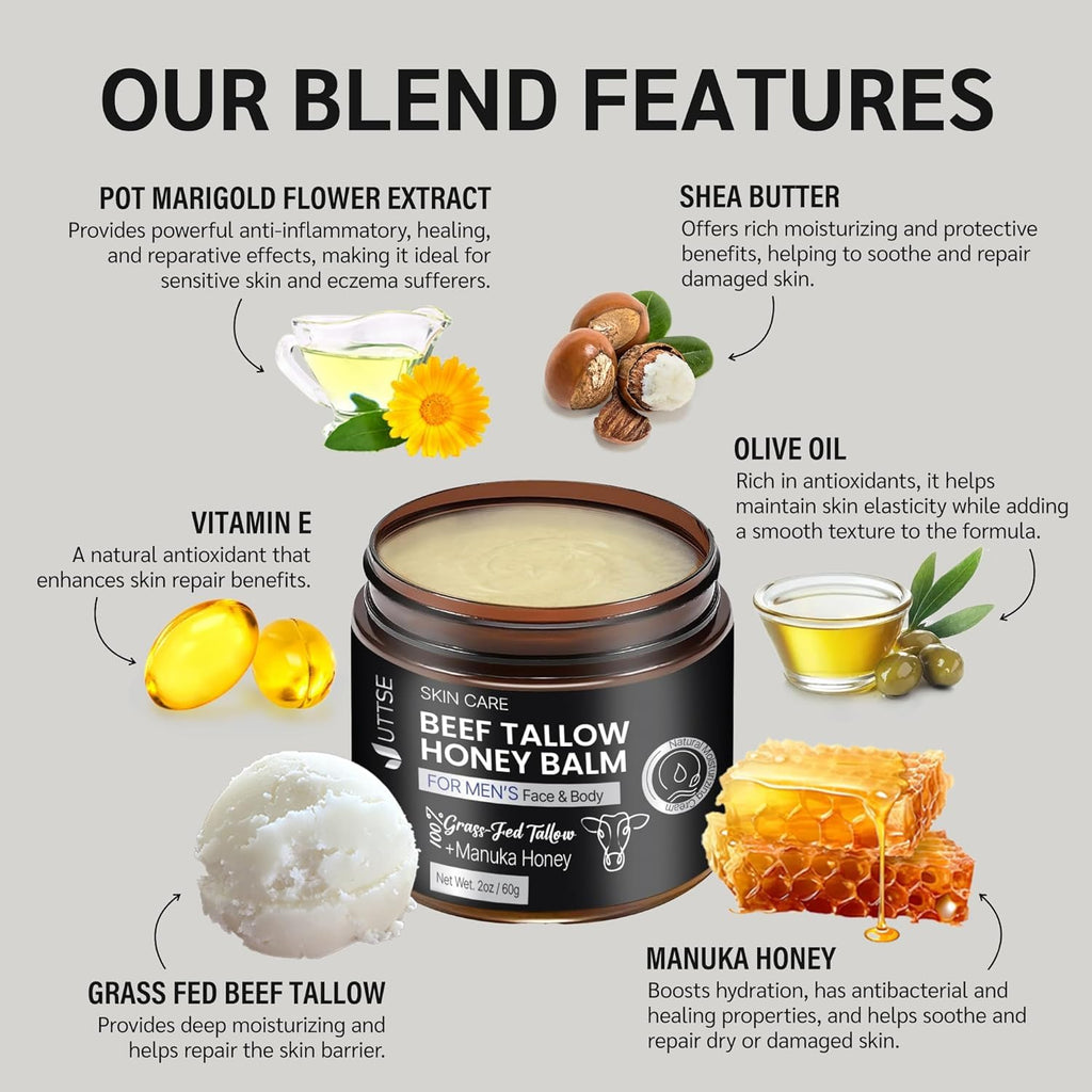 Uttse Men's Beef Tallow Balm — 2 oz Face Moisturizer with Honey & Olive Oil
