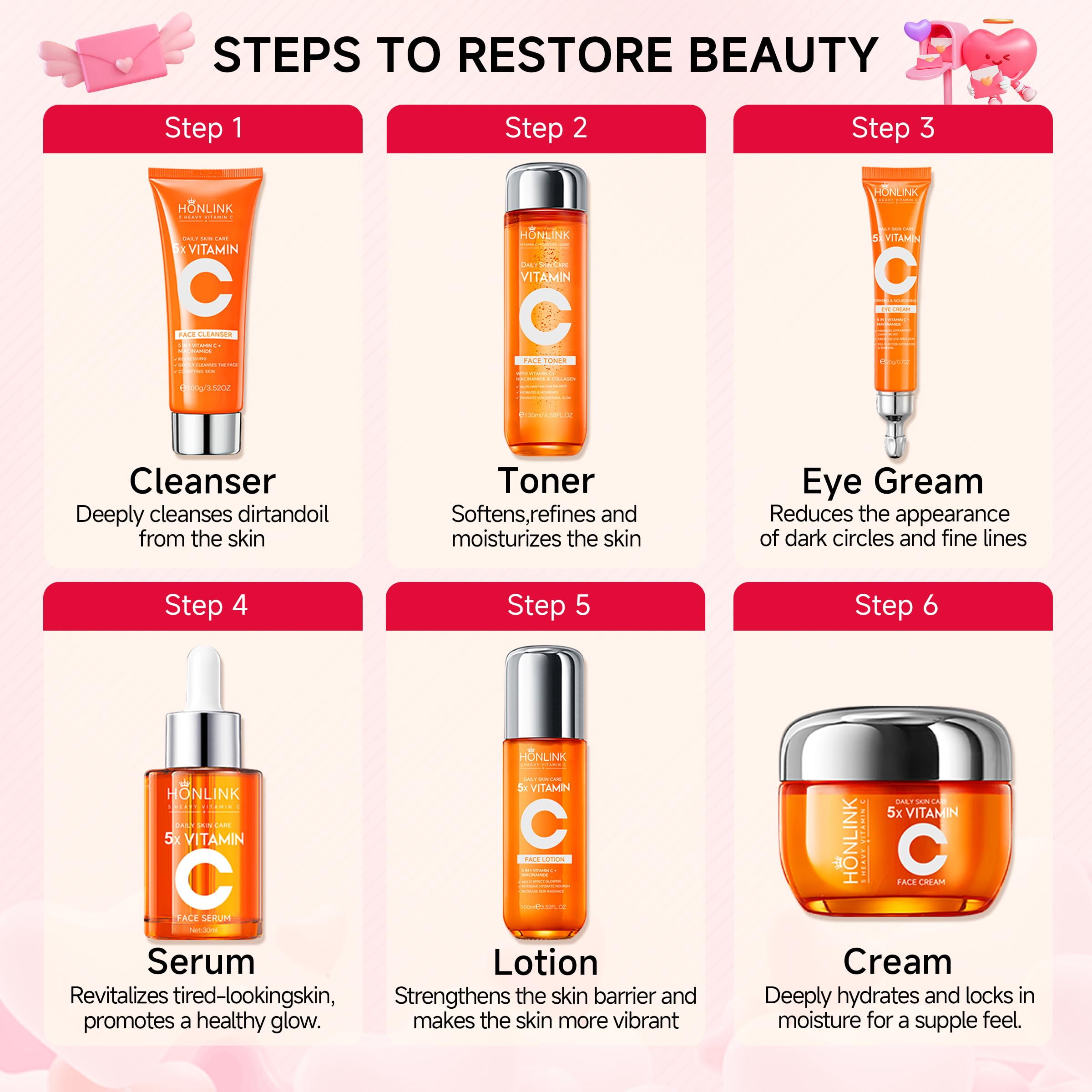 UZTUZT 6-Piece Hydrating Skincare Set | Vitamin C & Niacinamide | Gift for Women
