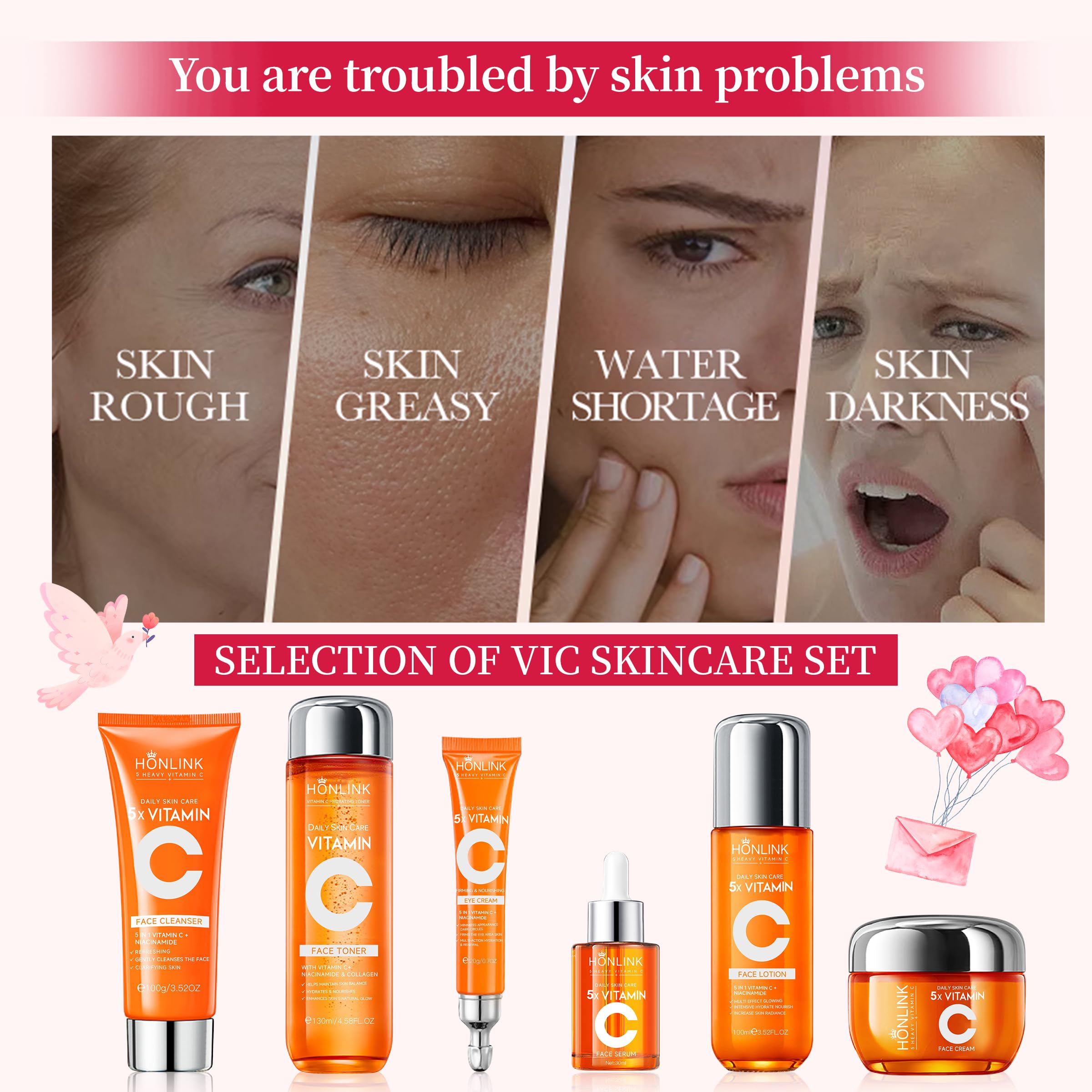 UZTUZT 6-Piece Hydrating Skincare Set | Vitamin C & Niacinamide | Gift for Women