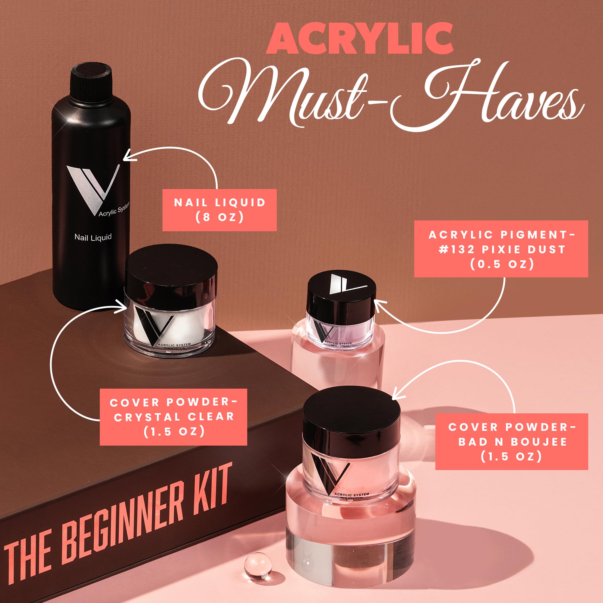 V Beauty Pure Acrylic Nail Kit – Beginner Set with Gel Top Coat, Dehydrator, Monomer Liquid & Dip Powder