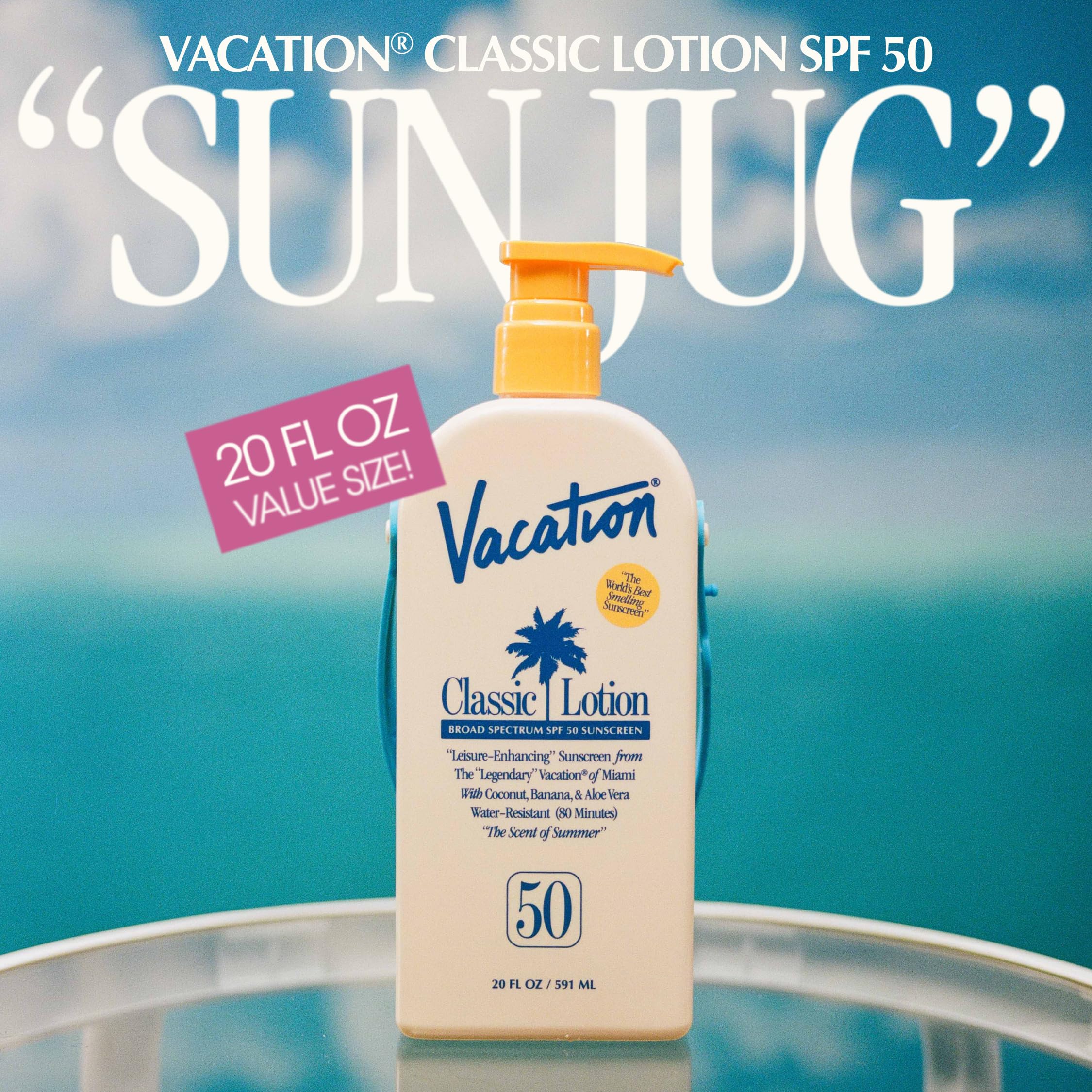 VACATION Classic Lotion SPF 50 Sun Jug – 20oz Bulk Sunscreen with Pump | Vegan & Water-Resistant