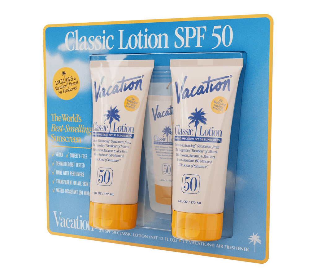 VACATION Classic Lotion SPF 50 – Pack of 2 with Air Freshener