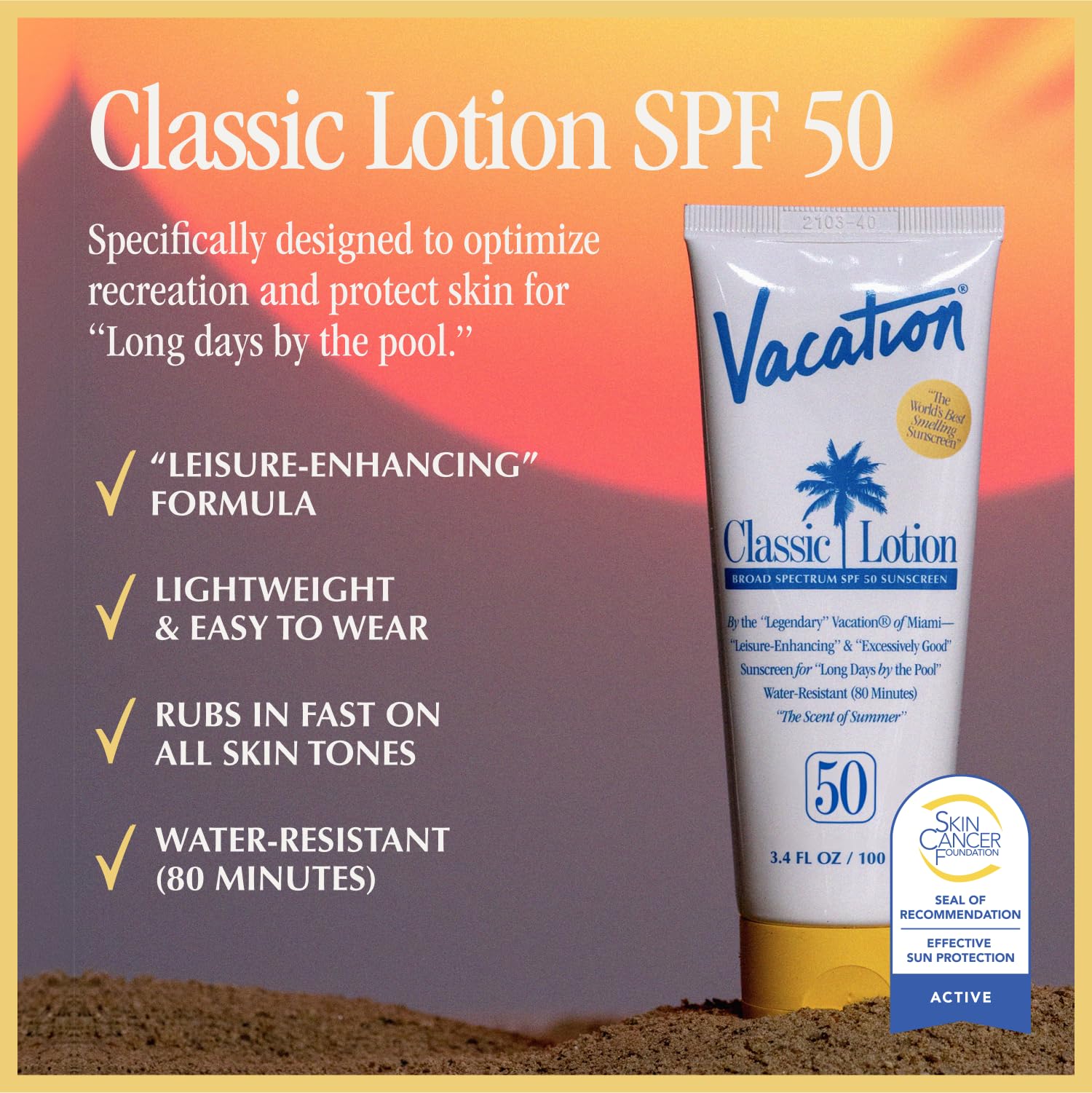 Vacation Classic Sunscreen Lotion SPF 50 — Water-Resistant, Invisible on All Skin Tones (3 × 3.4 oz, Value Pack)