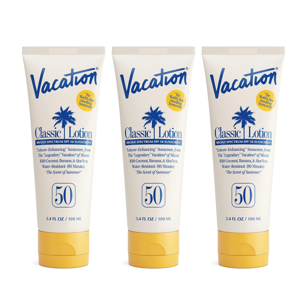 Vacation Classic Sunscreen Lotion SPF 50 — Water-Resistant, Invisible on All Skin Tones (3 × 3.4 oz, Value Pack)