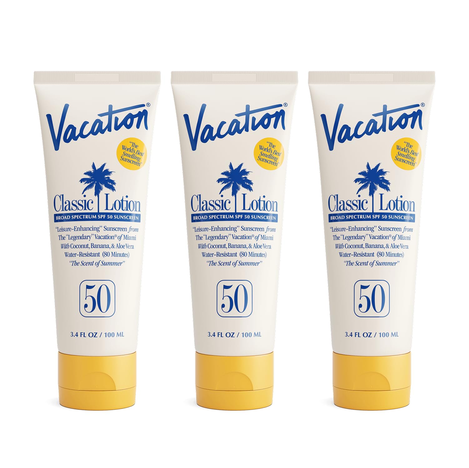 Vacation Classic Sunscreen Lotion SPF 50 — Water-Resistant, Invisible on All Skin Tones (3 × 3.4 oz, Value Pack)