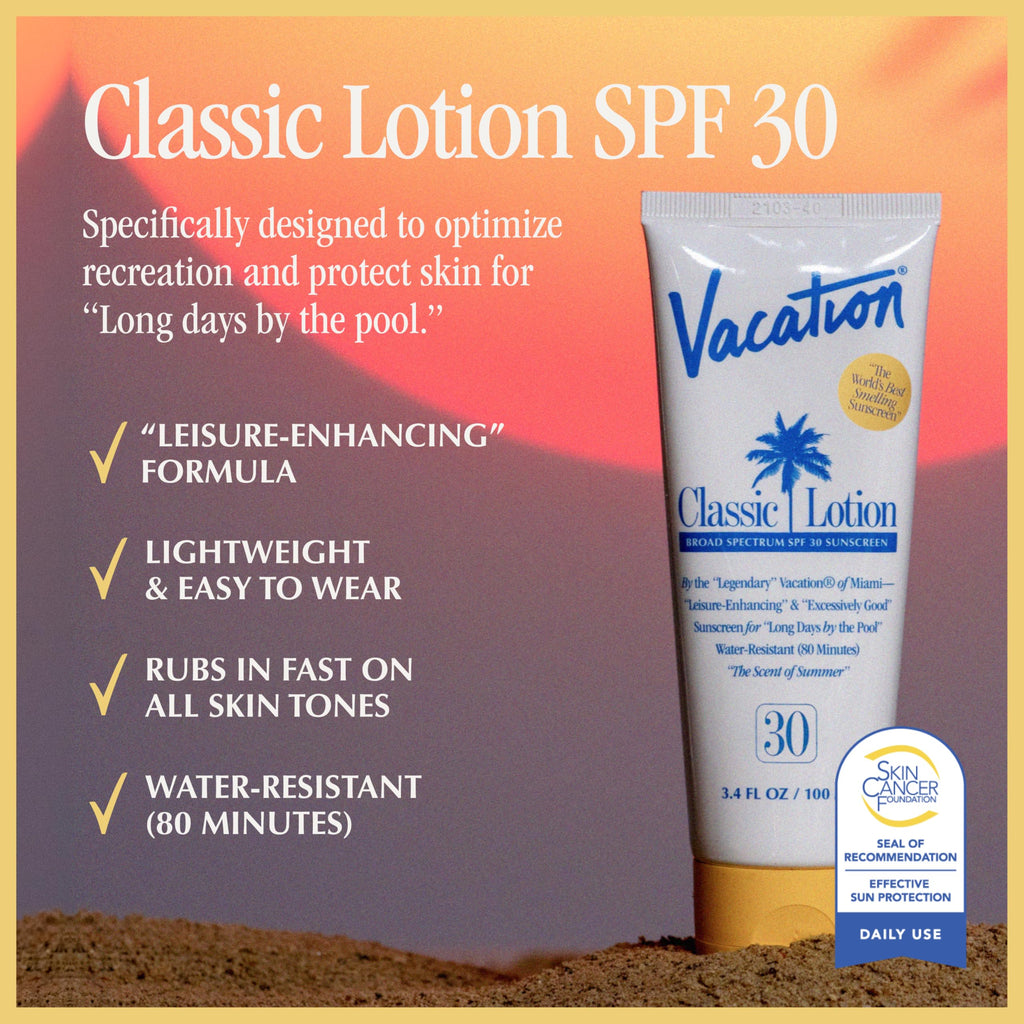 Vacation Classic Sunscreen Lotion SPF 30 & Air Freshener Bundle | Water-Resistant, Vegan, Travel Size 3.4 Fl Oz