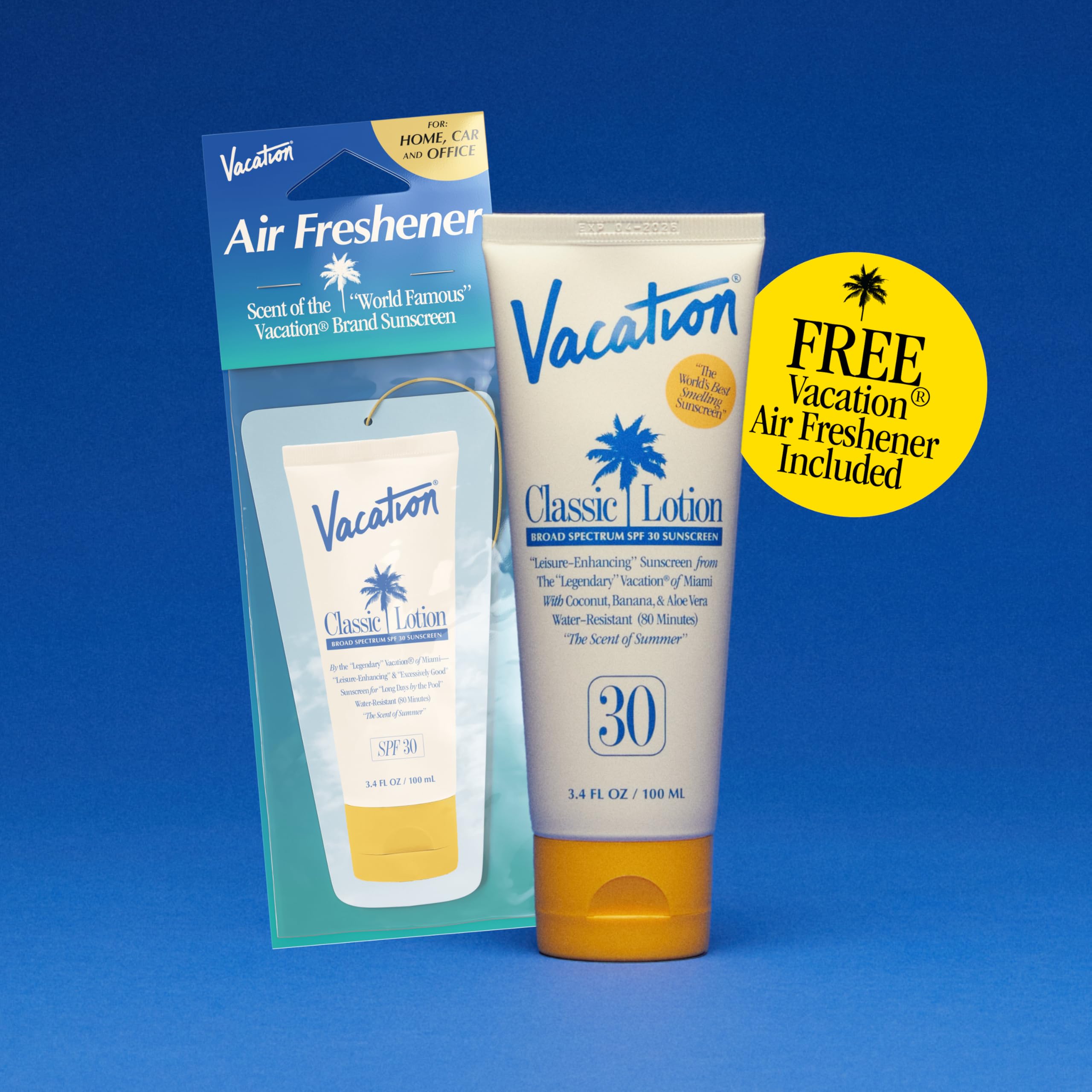 Vacation Classic Sunscreen Lotion SPF 30 & Air Freshener Bundle | Water-Resistant, Vegan, Travel Size 3.4 Fl Oz