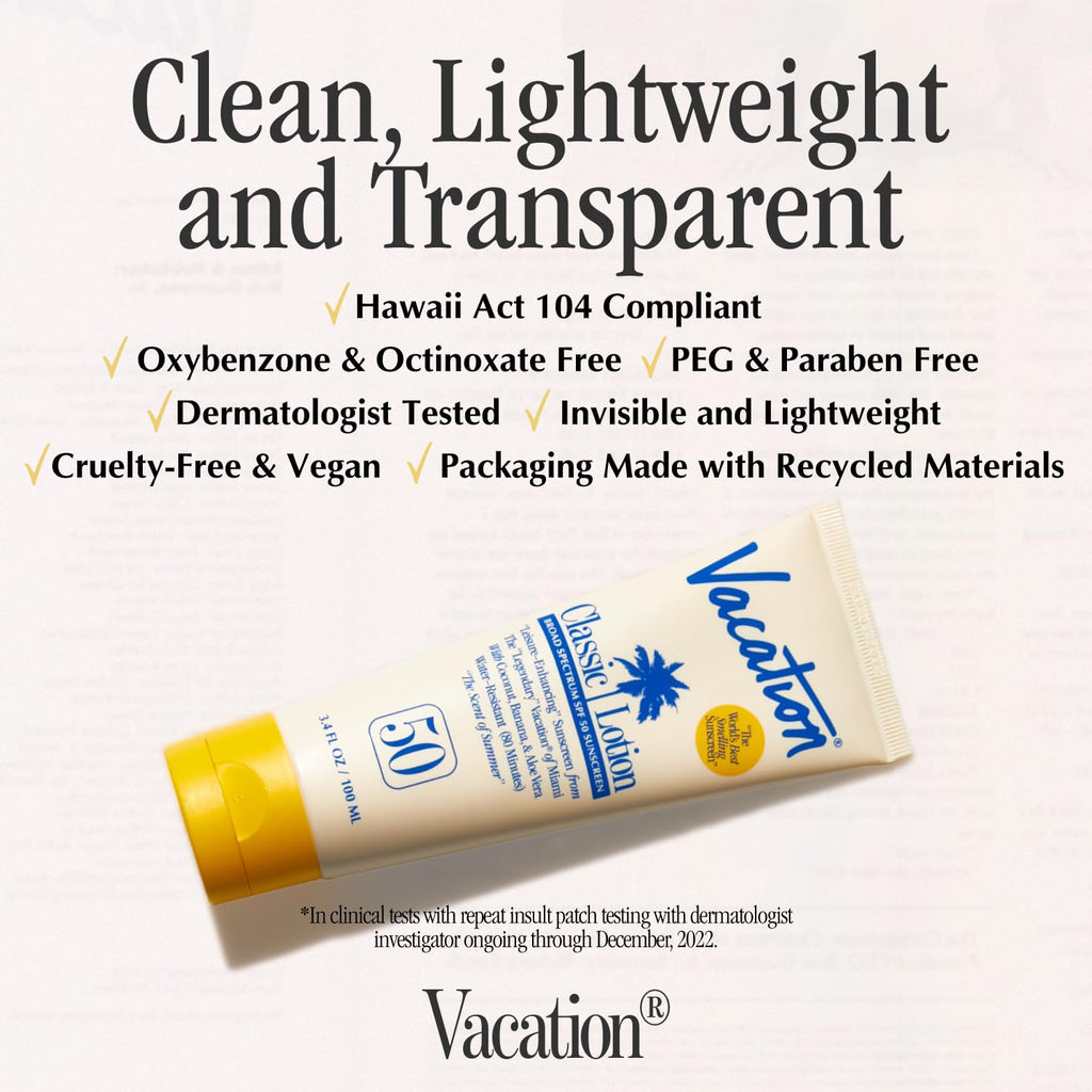 Vacation Classic Sunscreen Lotion SPF 50 — Water-Resistant, Invisible on All Skin Tones (3 × 3.4 oz, Value Pack)