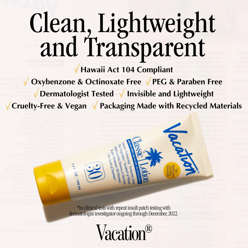 Vacation Classic Sunscreen Lotion SPF 30 & Air Freshener Bundle | Water-Resistant, Vegan, Travel Size 3.4 Fl Oz
