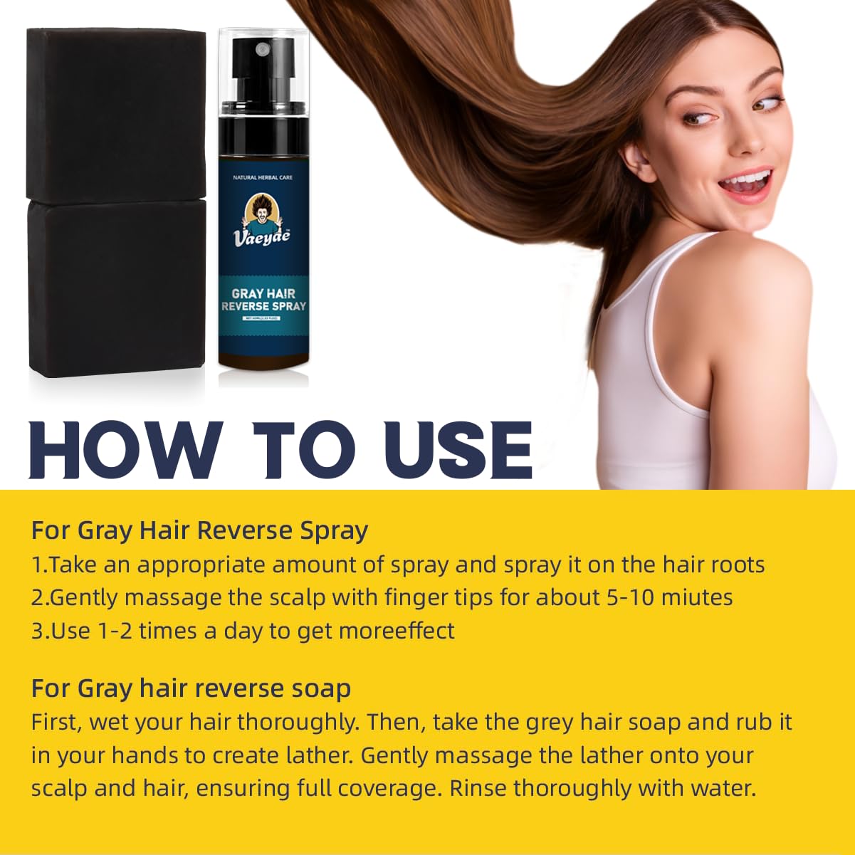 VAEYAE Natural Gray Hair Reverse Spray + 2-in-1 Bar Set – Darken, Nourish & Thickening