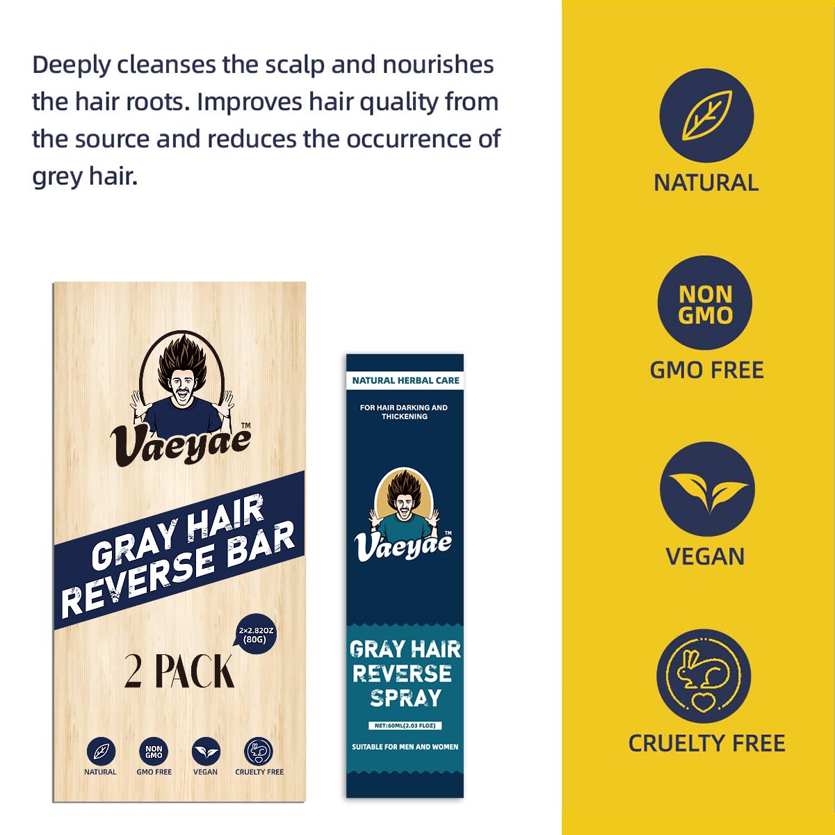 VAEYAE Natural Gray Hair Reverse Spray + 2-in-1 Bar Set – Darken, Nourish & Thickening