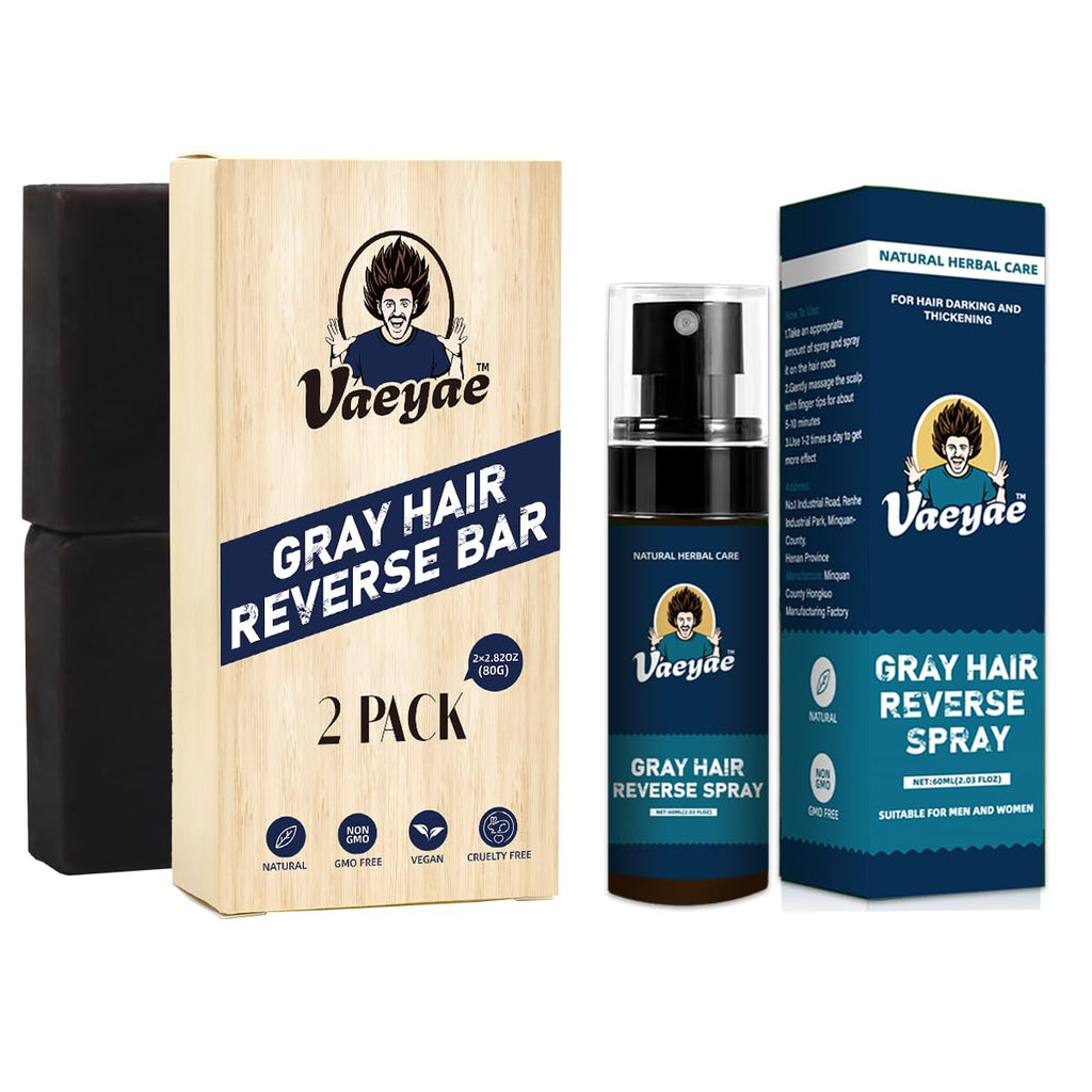 VAEYAE Natural Gray Hair Reverse Spray + 2-in-1 Bar Set – Darken, Nourish & Thickening