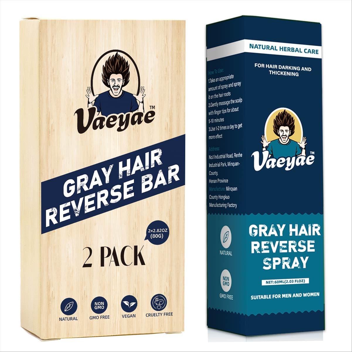 VAEYAE Natural Gray Hair Reverse Spray + 2-in-1 Bar Set – Darken, Nourish & Thickening