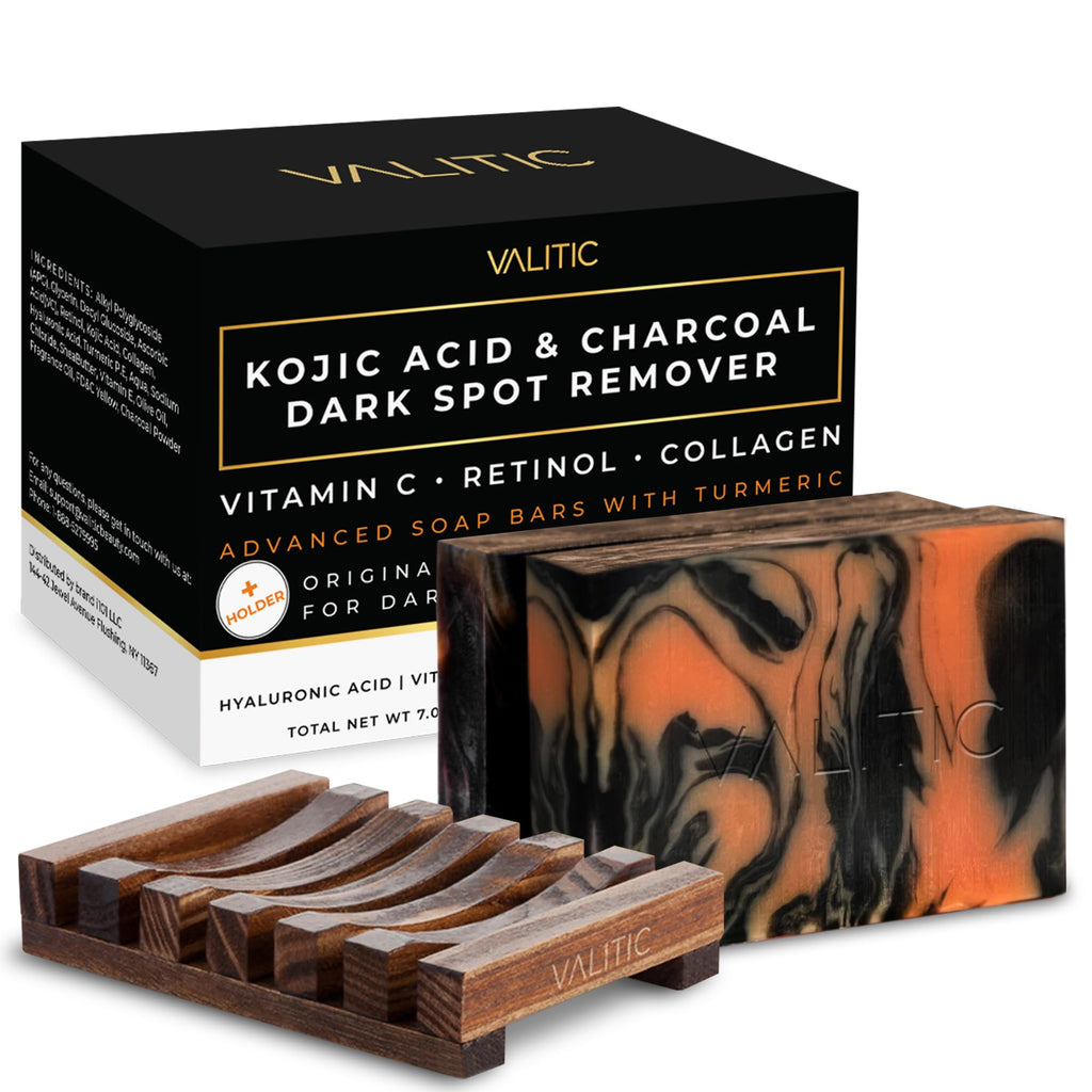 VALITIC Charcoal Kojic Acid Turmeric Black Soap Bar – 2 Pack with Holder