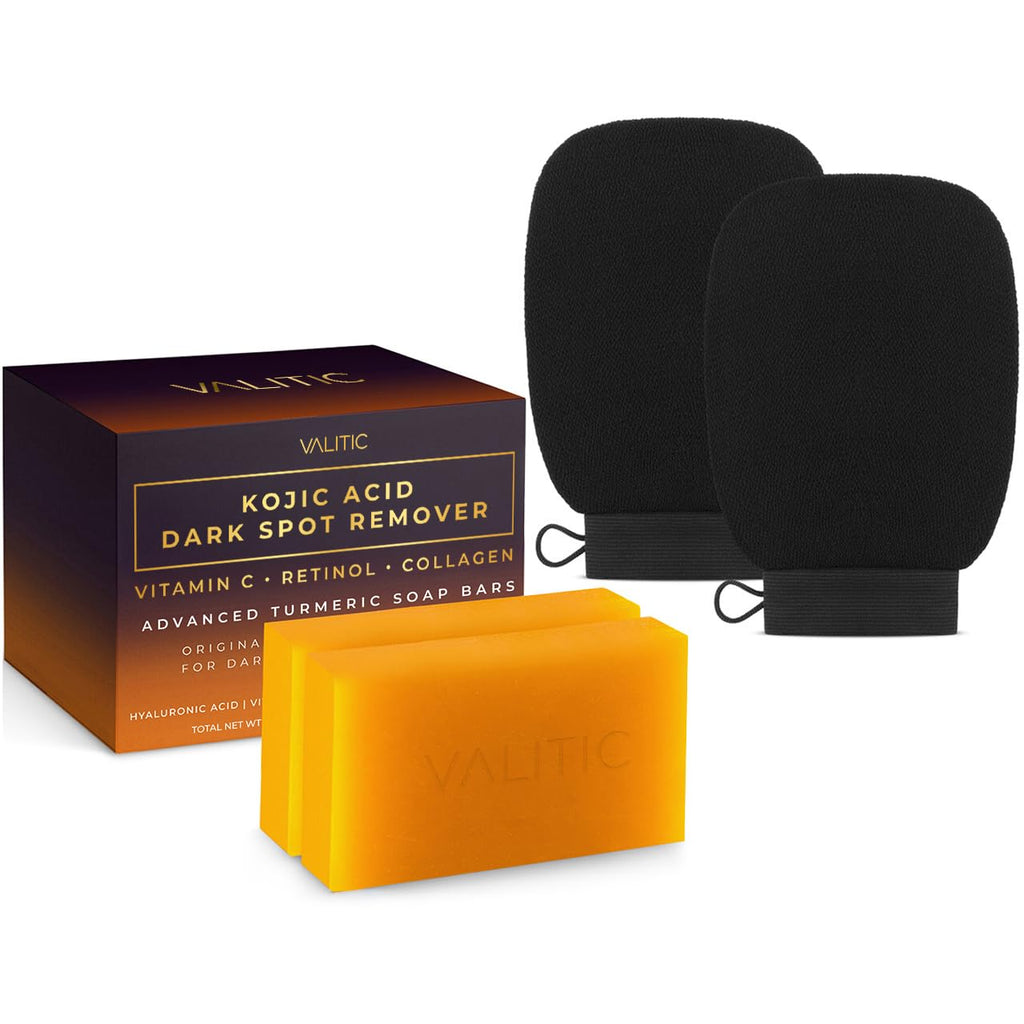 VALITIC 2-Pack Kojic Acid Dark Spot Corrector Soap Bars — Vitamin C, Retinol, Hyaluronic Acid + Exfoliating Gloves