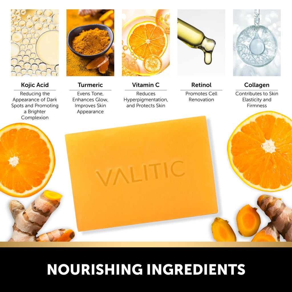 VALITIC Kojic Acid Vitamin C & Retinol Soap Bars with Turmeric – Original Japanese Complex (4 Pack) + Soap Holder