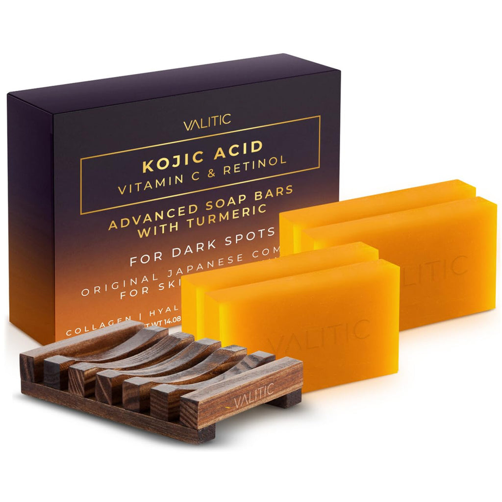 VALITIC Kojic Acid Vitamin C & Retinol Soap Bars with Turmeric – Original Japanese Complex (4 Pack) + Soap Holder