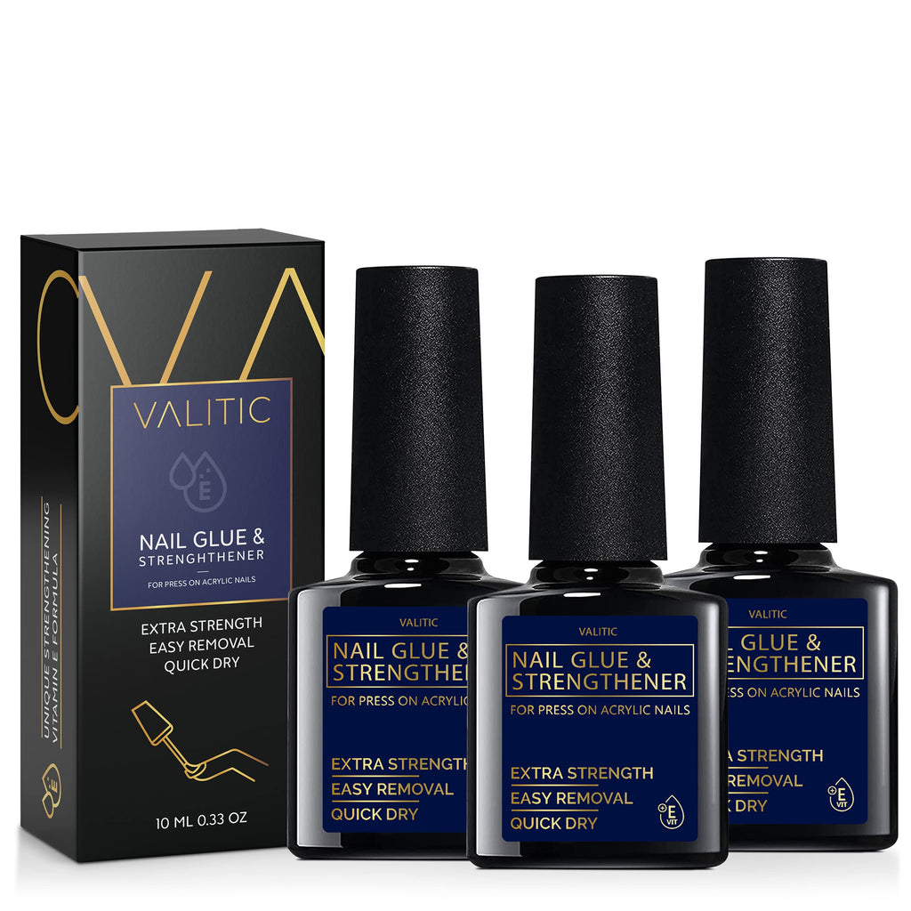 VALITIC Strong Nail Glue & Strengthener – Quick-Dry Brush-On Gel for Acrylic & Press-On Nails (3 Pack)