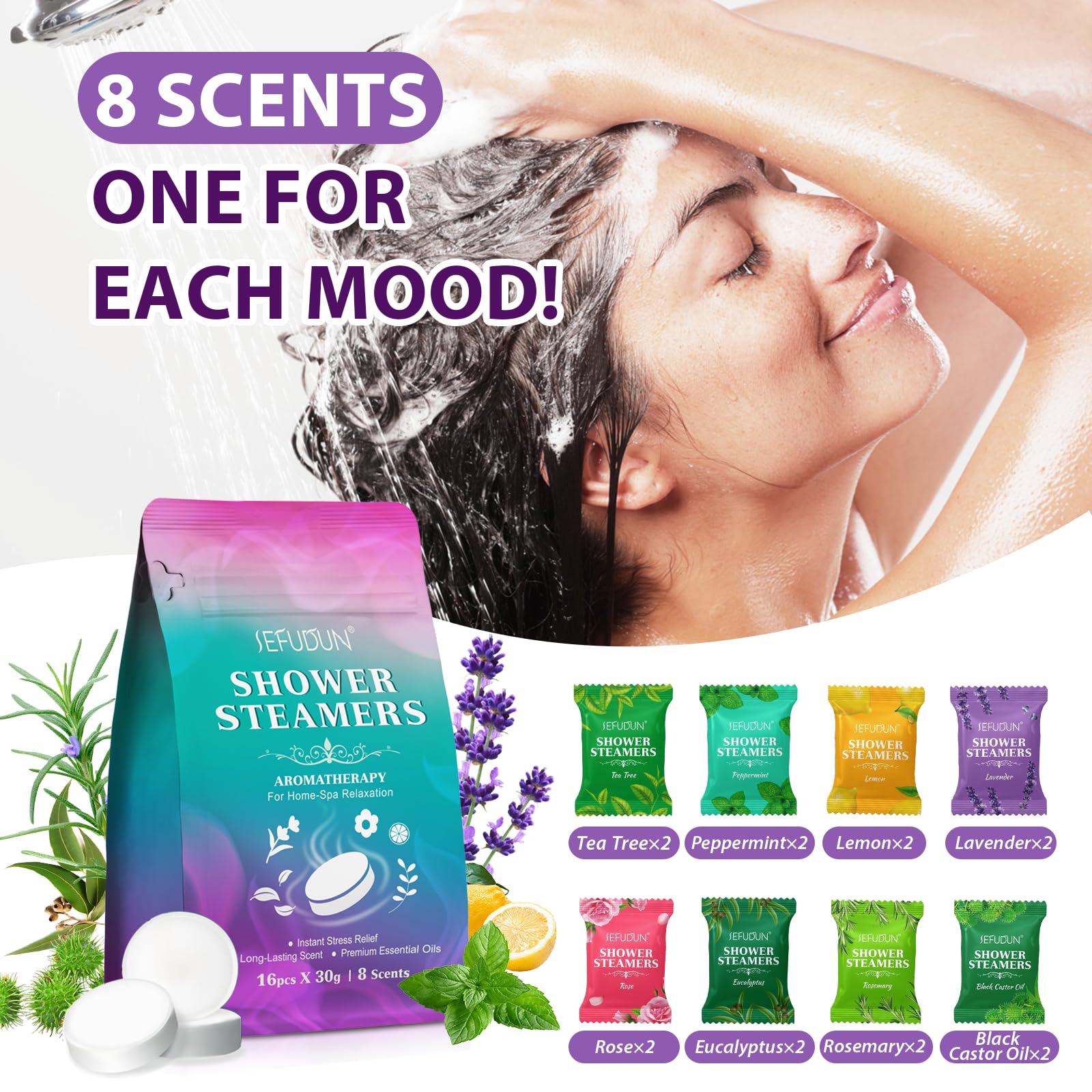 Valleylux 16-Pack Shower Steamers — 8 Scents for Home Spa Relaxation