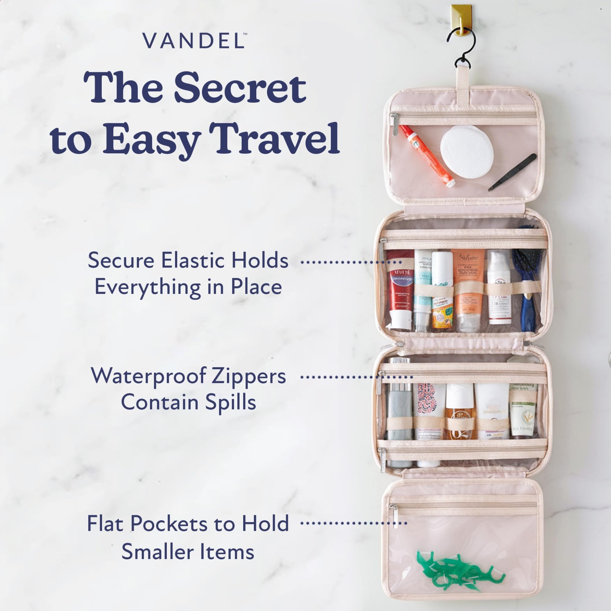 VANDEL Waterproof Hanging Toiletry Bag – 4-Compartment Travel Makeup Organizer