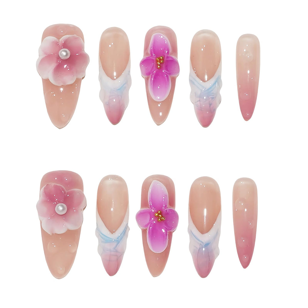 Vanesseva 10pcs Handmade Press On Nails – Medium Almond, 3D Flowers, Chrome Shells, Reusable, Y2K Tropical