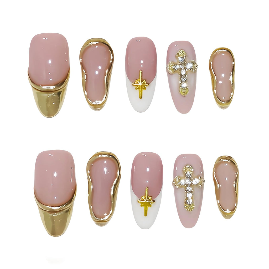 Vanesseva 10pc Handmade Press On Nails – Medium Almond, 3D Flowers & Chrome Shell